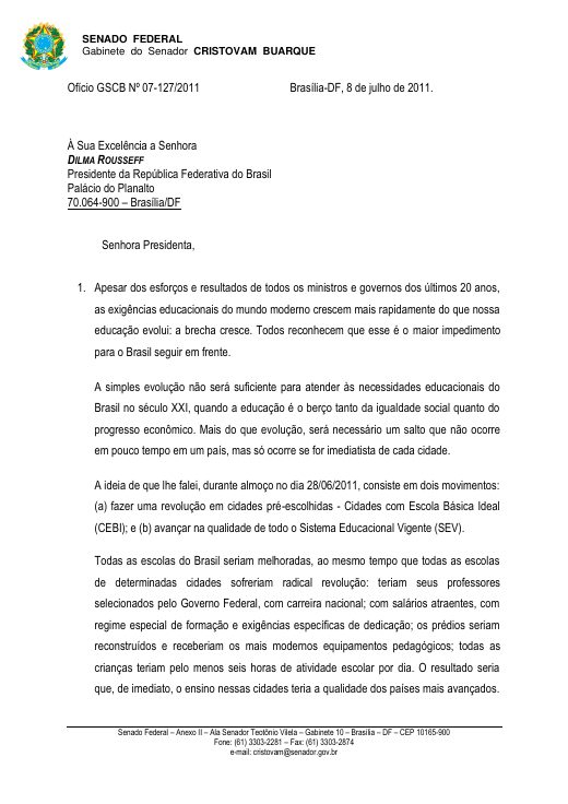 Capa de Carta à Presidente Dilma Rousseff
